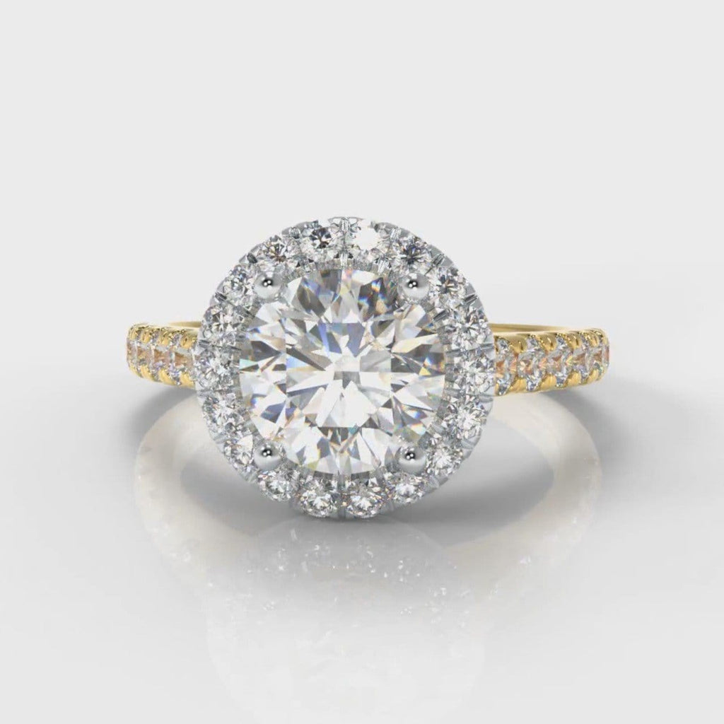 Micropavé Round Brilliant Cut Diamond Halo Engagement Ring - Two Tone Yellow Gold