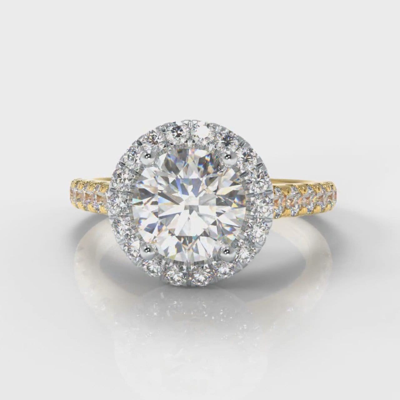 Micropavé Round Brilliant Cut Diamond Halo Engagement Ring - Two Tone Yellow Gold