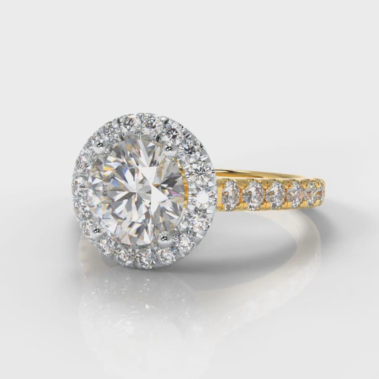 Micropavé Round Brilliant Cut Diamond Halo Engagement Ring - Two Tone Yellow Gold