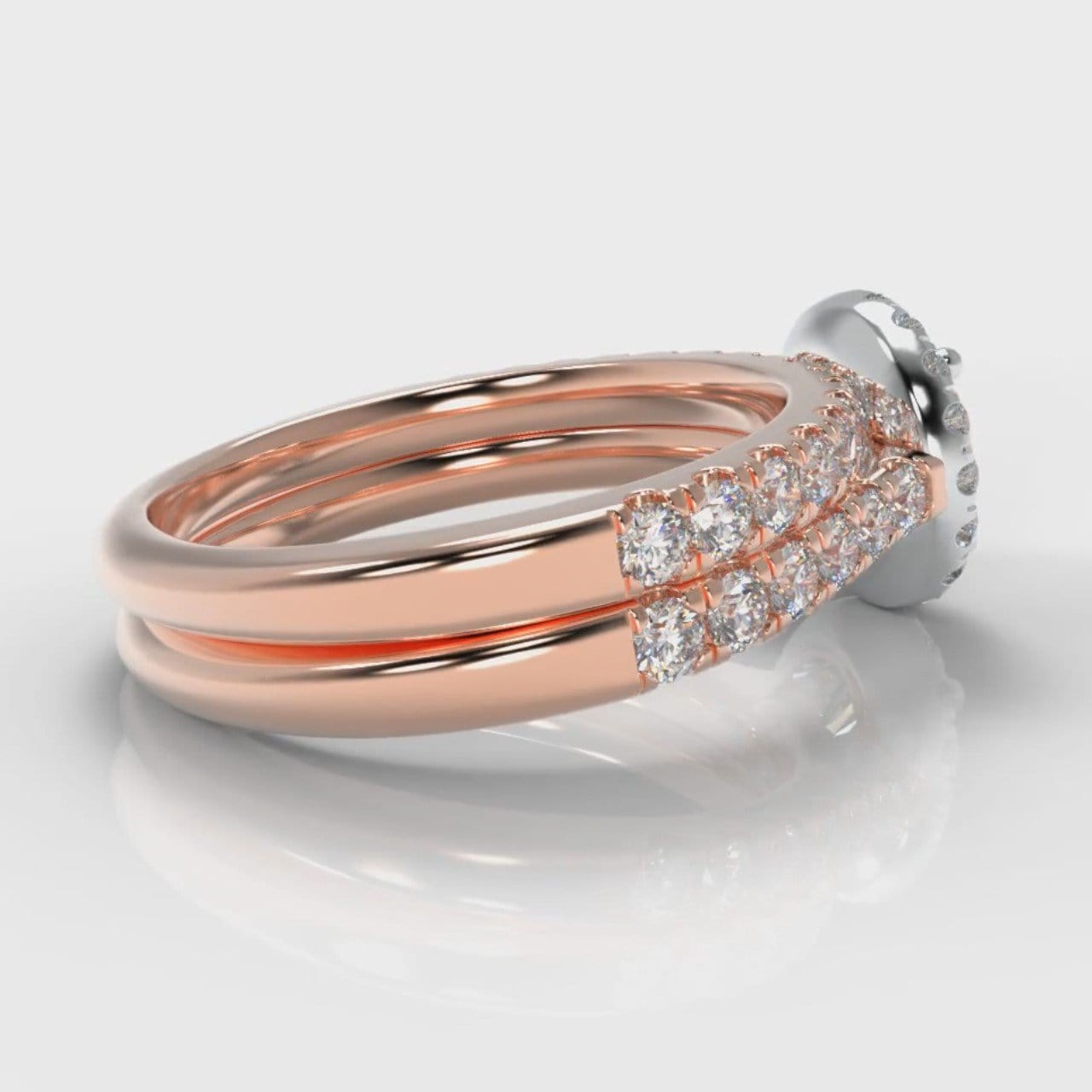 Micropavé Round Brilliant Cut Diamond Halo Bridal Set - Two Tone Rose Gold