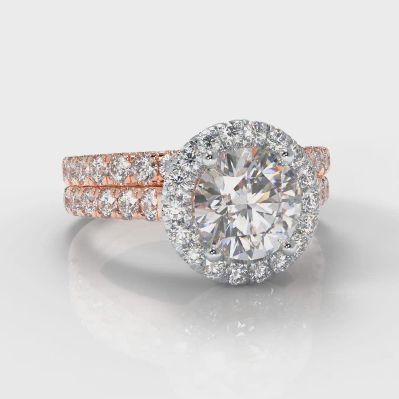 Micropavé Round Brilliant Cut Diamond Halo Bridal Set - Two Tone Rose Gold