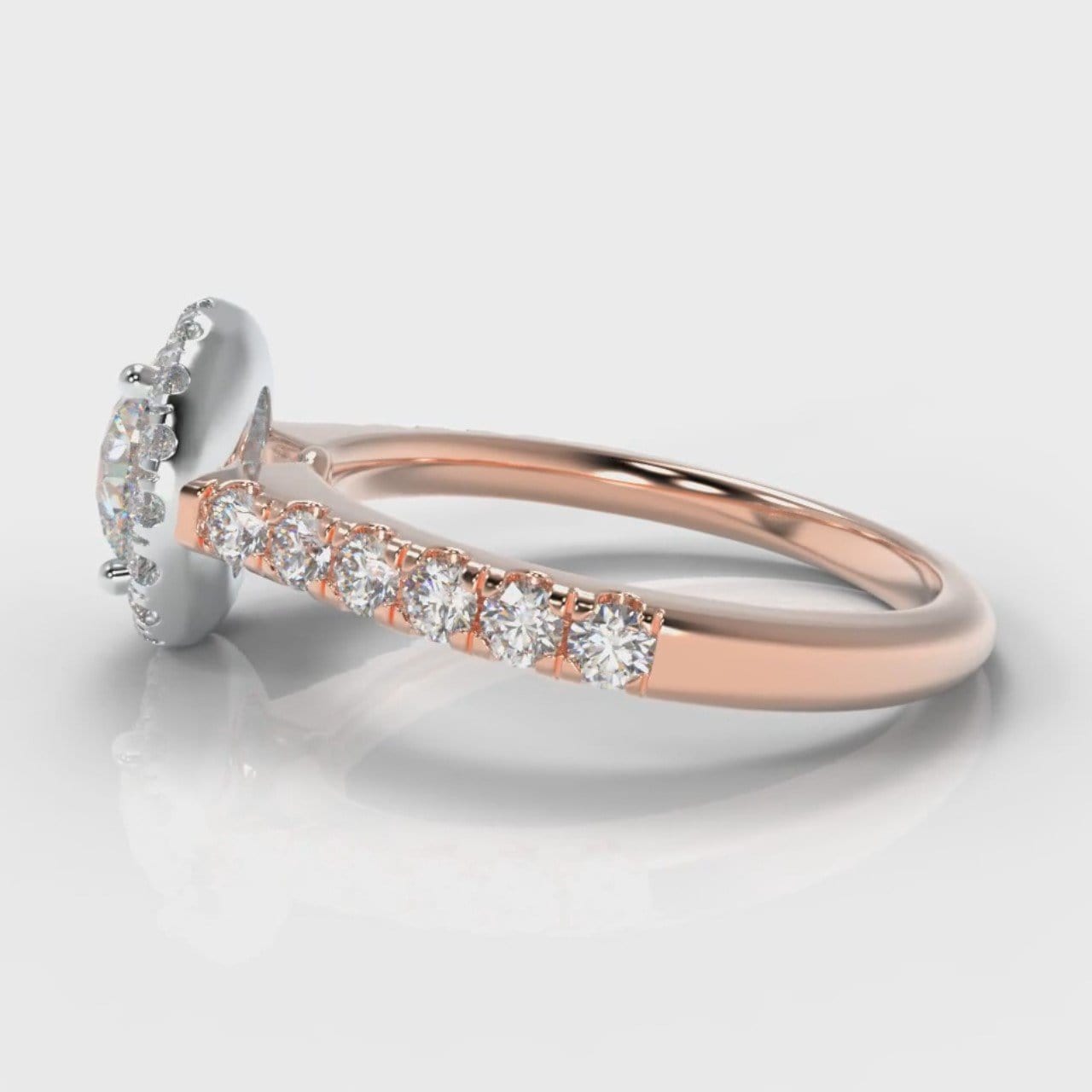 Micropavé Round Brilliant Cut Diamond Halo Engagement Ring - Two Tone Rose Gold