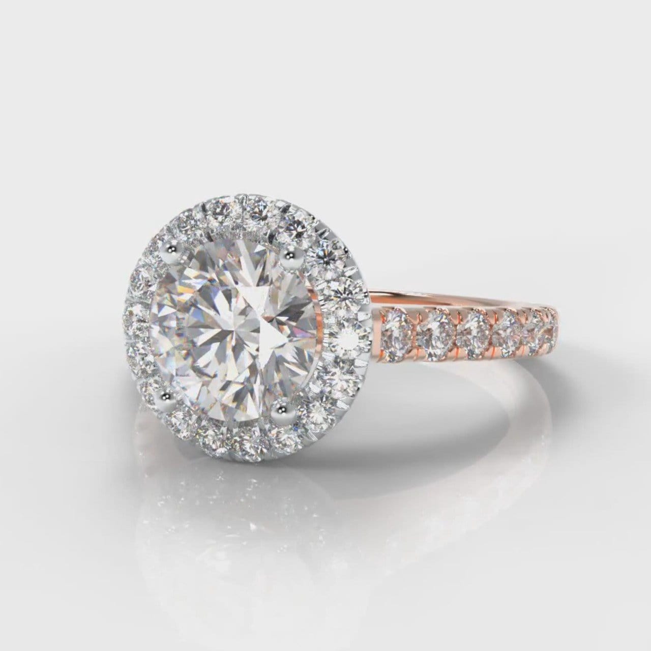 Micropavé Round Brilliant Cut Diamond Halo Engagement Ring - Two Tone Rose Gold