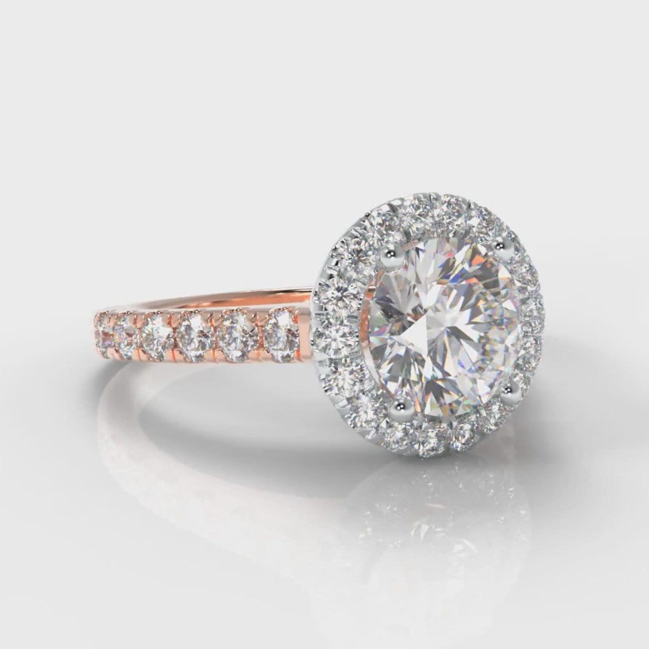 Micropavé Round Brilliant Cut Diamond Halo Engagement Ring - Two Tone Rose Gold