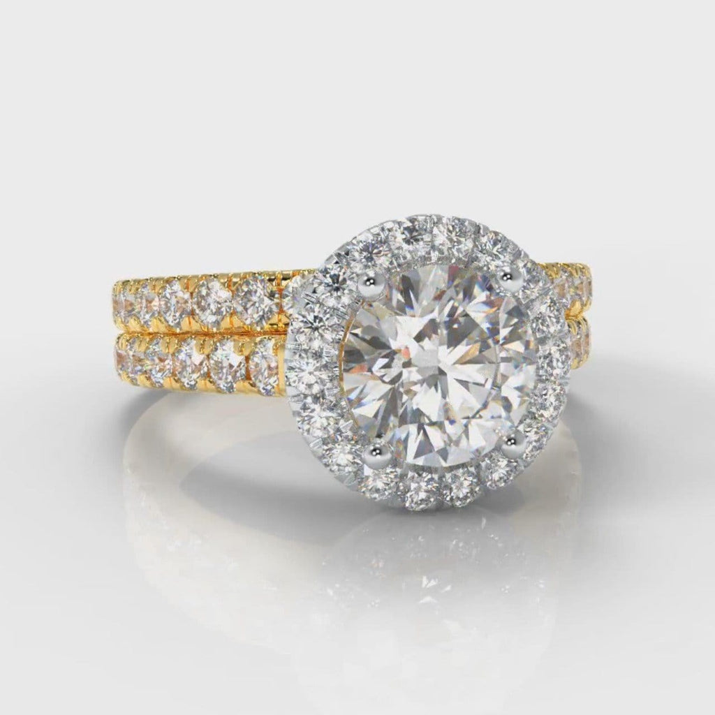 Micropavé Round Brilliant Cut Diamond Halo Bridal Set - Two Tone Yellow Gold