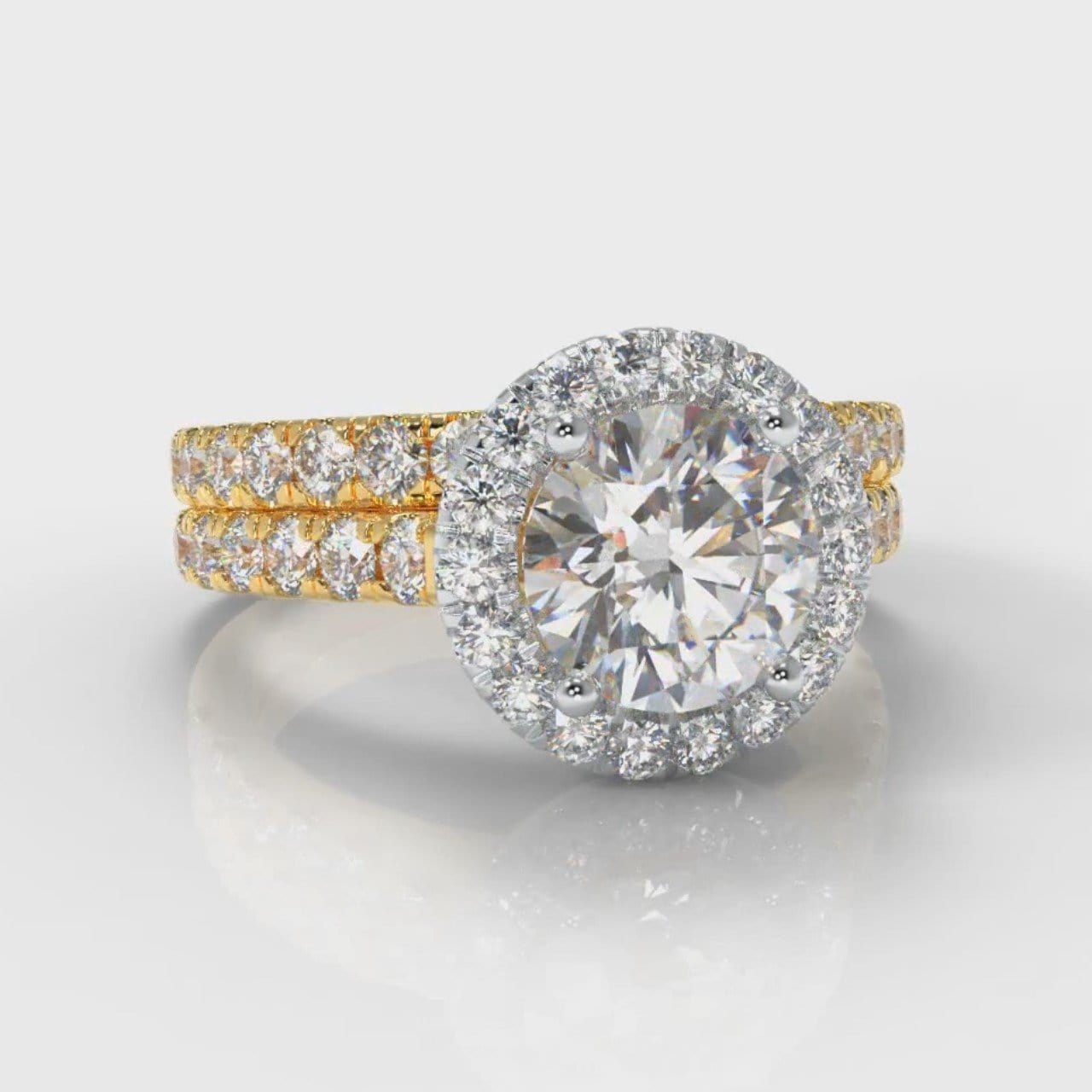 Micropavé Round Brilliant Cut Diamond Halo Bridal Set - Two Tone Yellow Gold