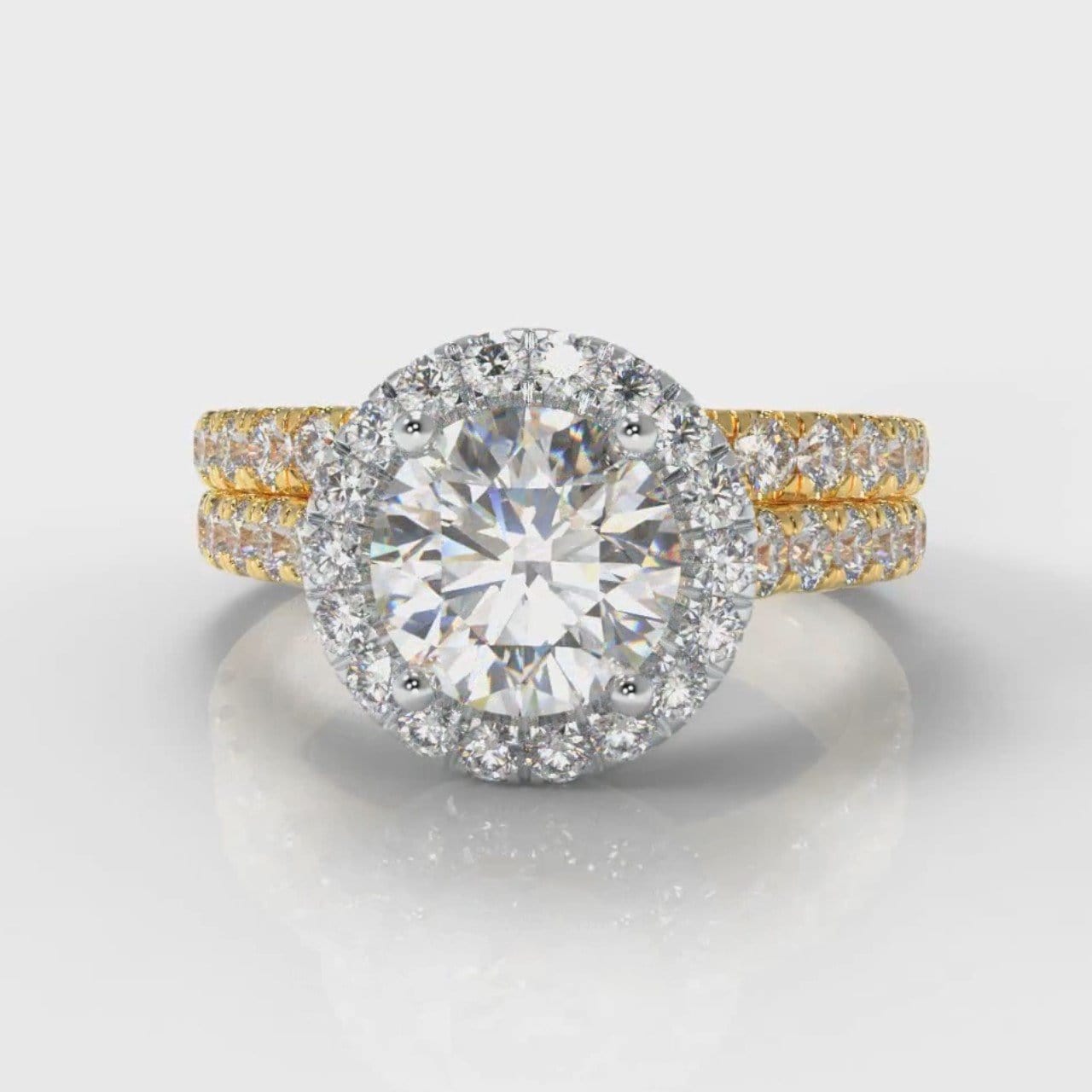 Micropavé Round Brilliant Cut Diamond Halo Bridal Set - Two Tone Yellow Gold