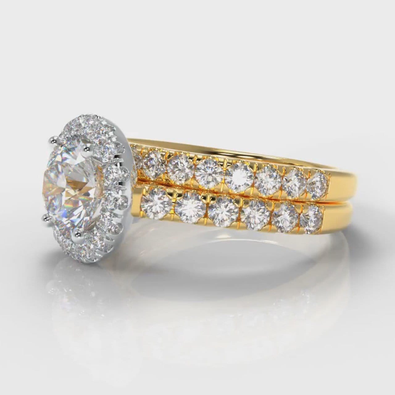 Micropavé Round Brilliant Cut Diamond Halo Bridal Set - Two Tone Yellow Gold
