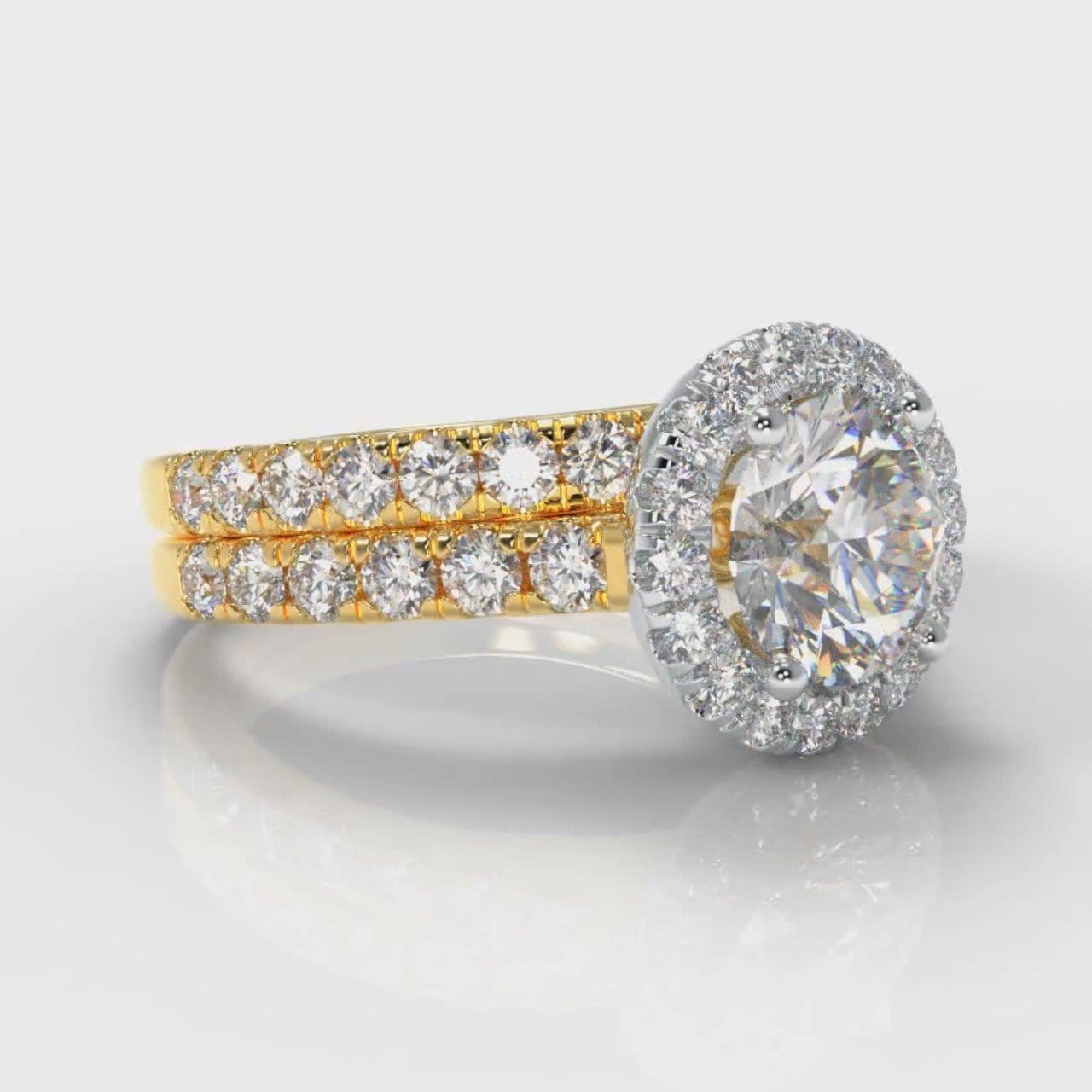 Micropavé Round Brilliant Cut Diamond Halo Bridal Set - Two Tone Yellow Gold