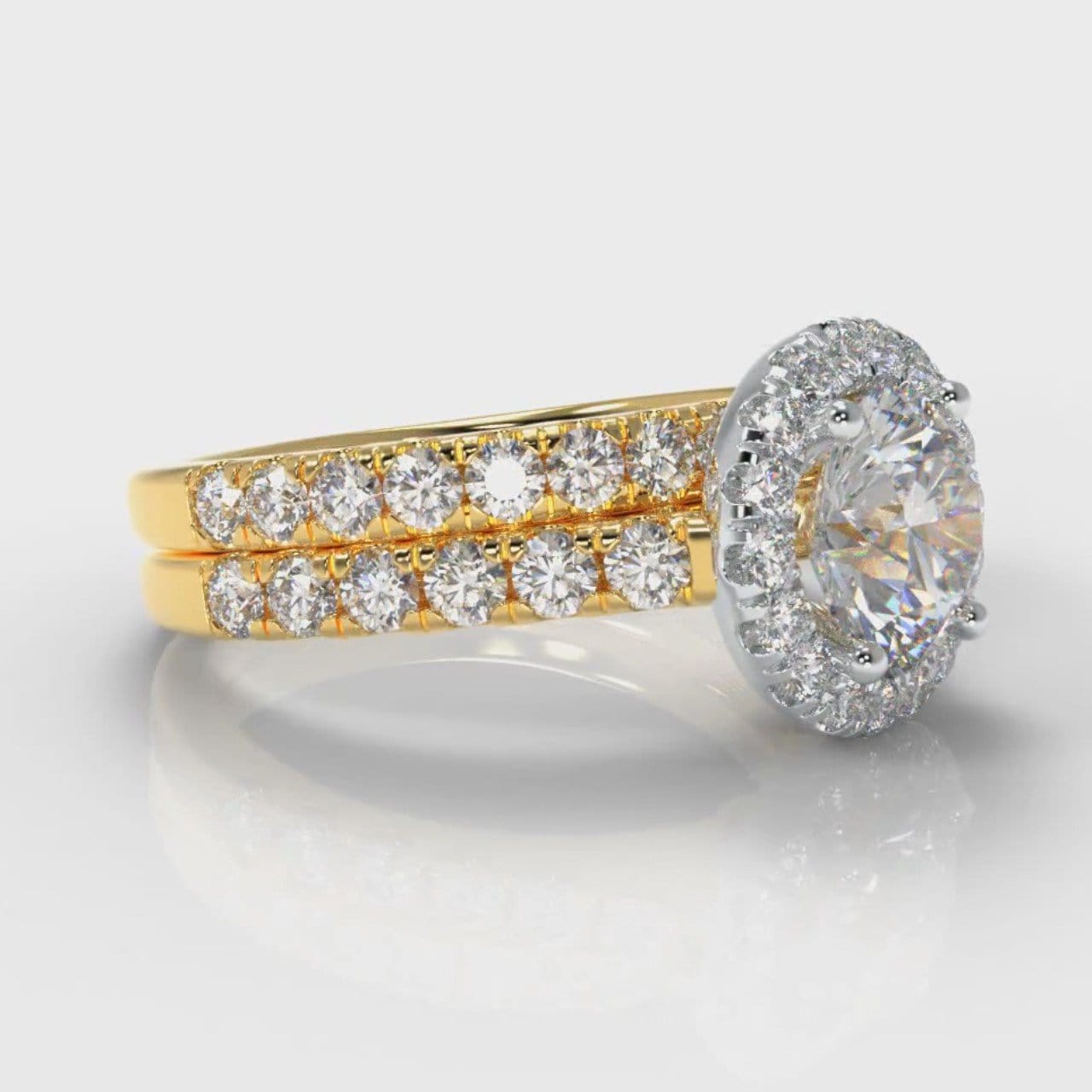 Micropavé Round Brilliant Cut Diamond Halo Bridal Set - Two Tone Yellow Gold