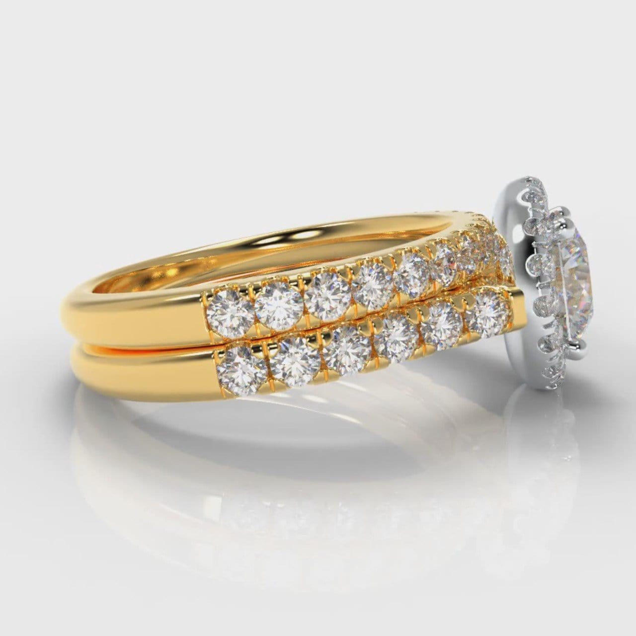 Micropavé Round Brilliant Cut Diamond Halo Bridal Set - Two Tone Yellow Gold