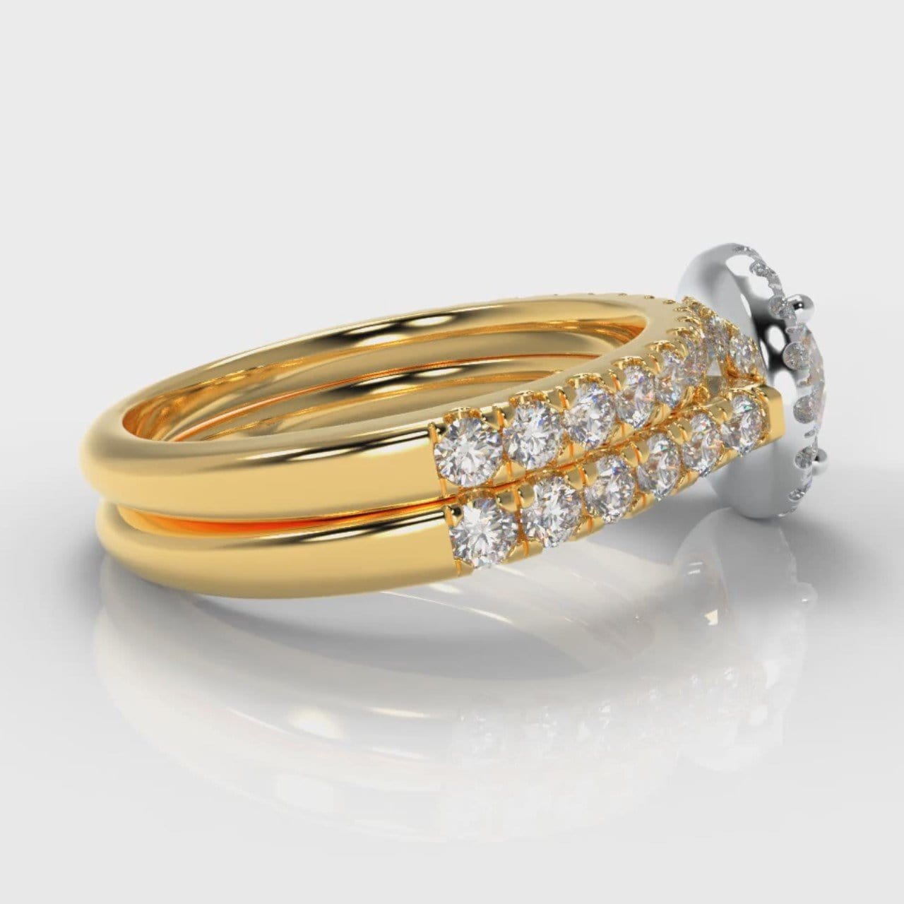 Micropavé Round Brilliant Cut Diamond Halo Bridal Set - Two Tone Yellow Gold
