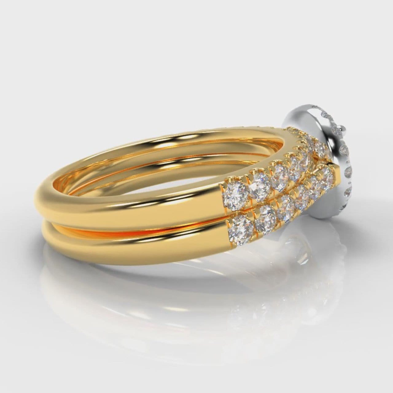 Micropavé Round Brilliant Cut Diamond Halo Bridal Set - Two Tone Yellow Gold