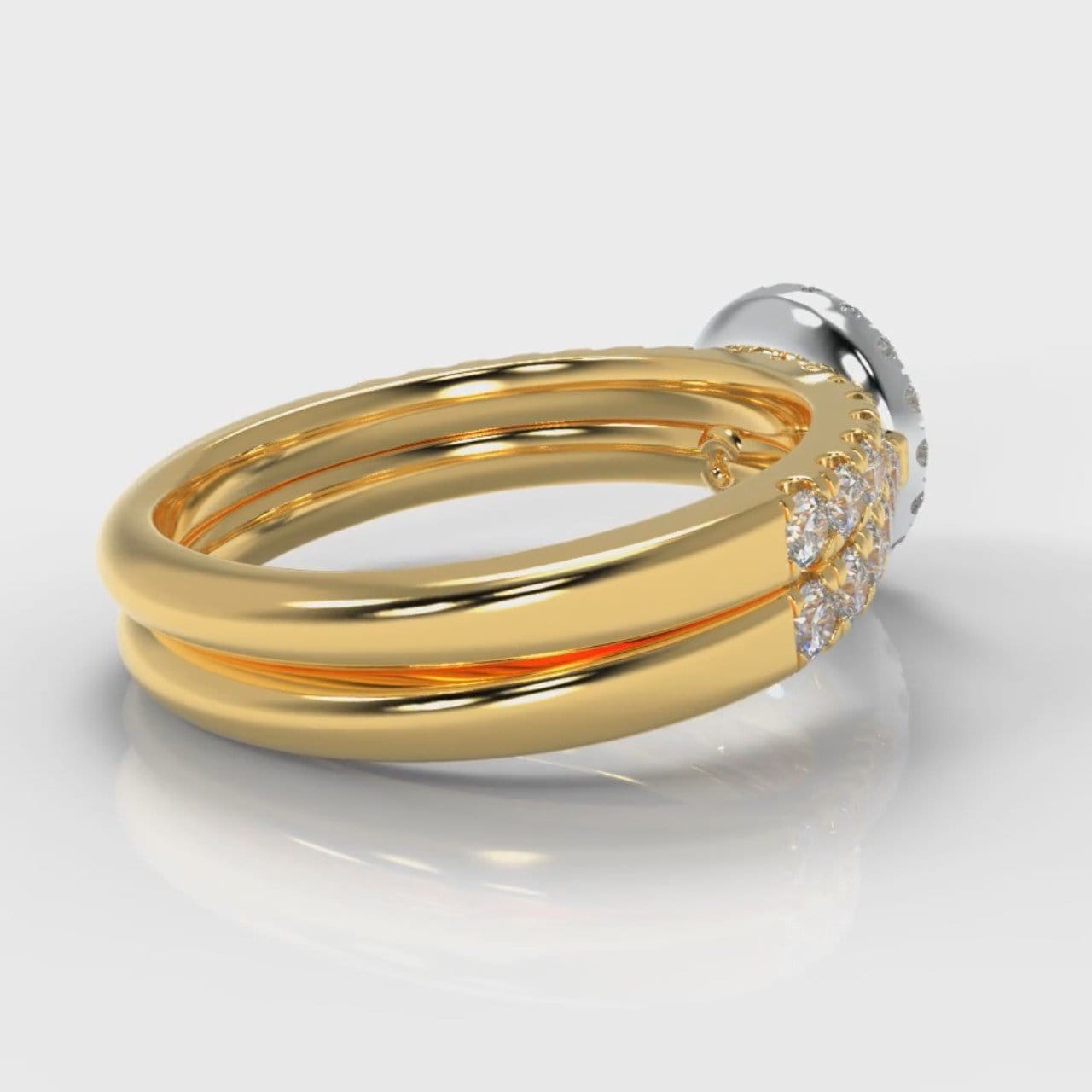 Micropavé Round Brilliant Cut Diamond Halo Bridal Set - Two Tone Yellow Gold