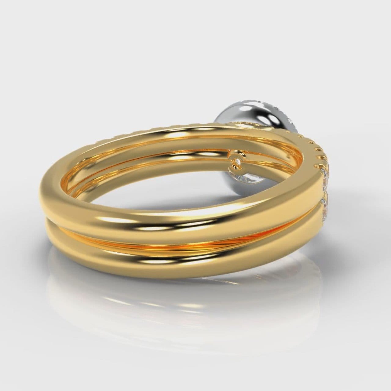 Micropavé Round Brilliant Cut Diamond Halo Bridal Set - Two Tone Yellow Gold