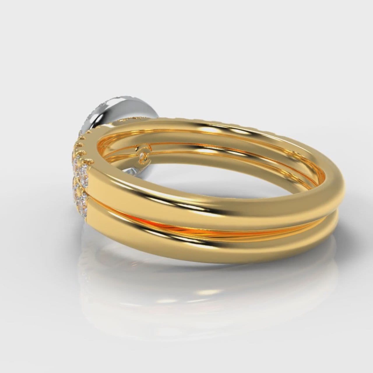 Micropavé Round Brilliant Cut Diamond Halo Bridal Set - Two Tone Yellow Gold