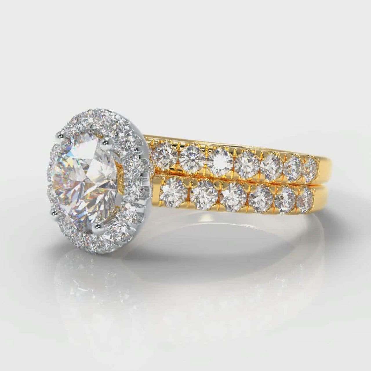 Micropavé Round Brilliant Cut Diamond Halo Bridal Set - Two Tone Yellow Gold