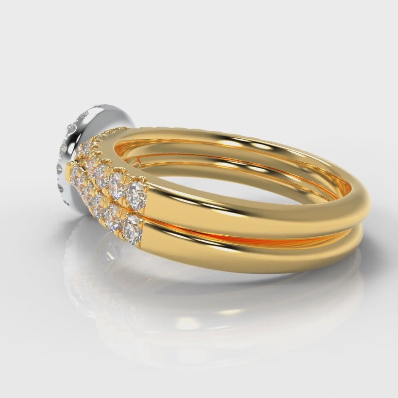 Micropavé Round Brilliant Cut Diamond Halo Bridal Set - Two Tone Yellow Gold