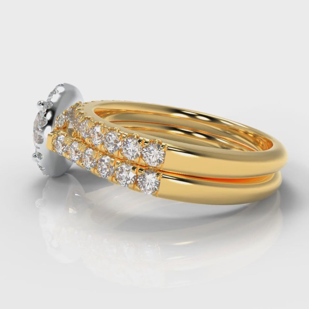 Micropavé Round Brilliant Cut Diamond Halo Bridal Set - Two Tone Yellow Gold