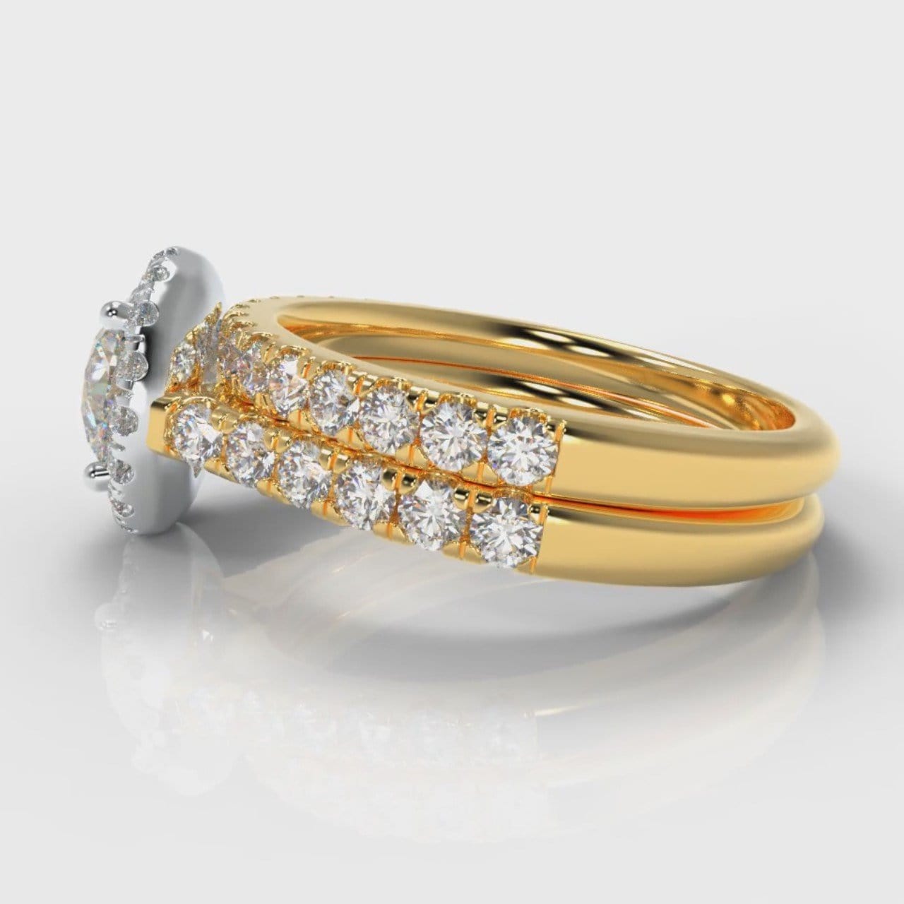 Micropavé Round Brilliant Cut Diamond Halo Bridal Set - Two Tone Yellow Gold