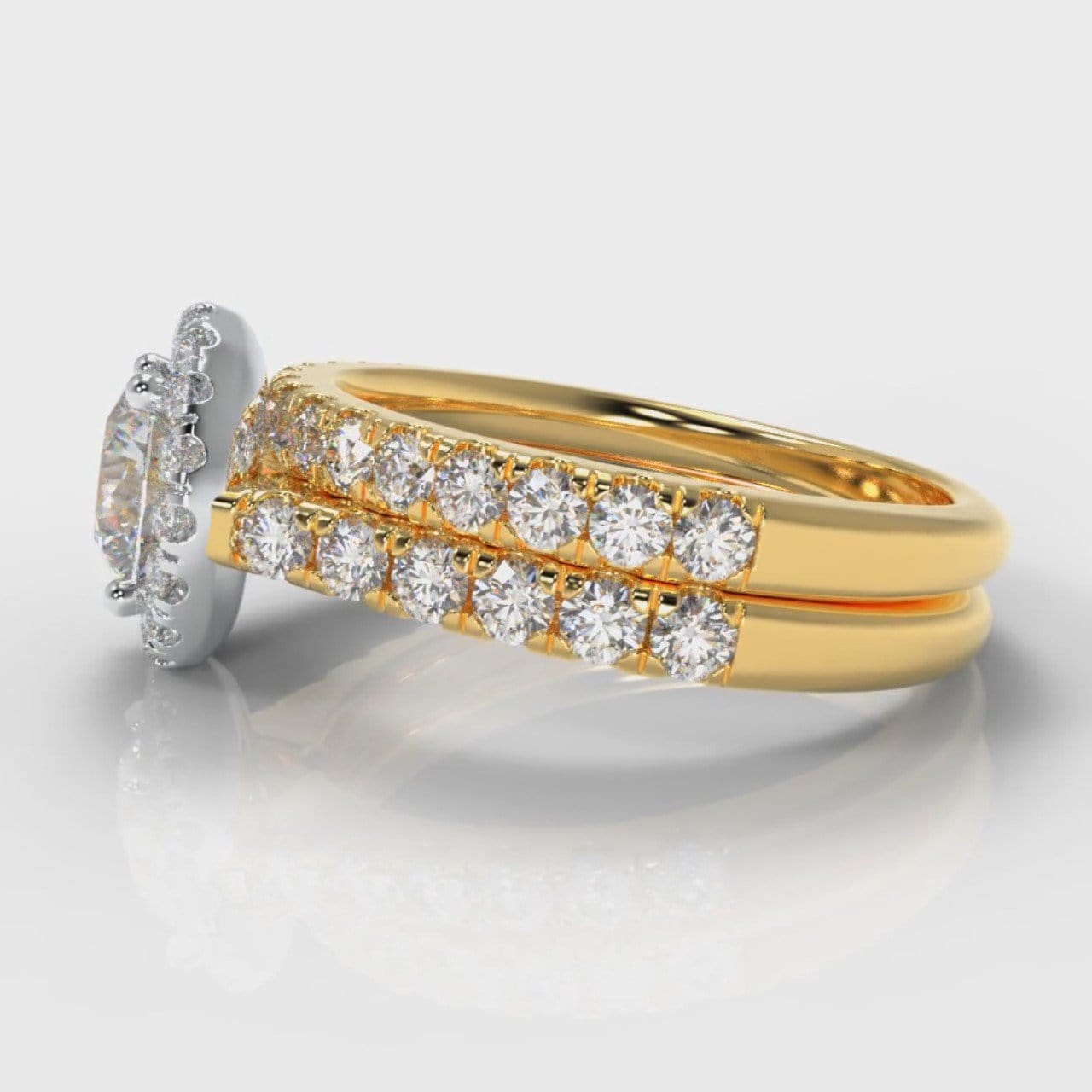 Micropavé Round Brilliant Cut Diamond Halo Bridal Set - Two Tone Yellow Gold