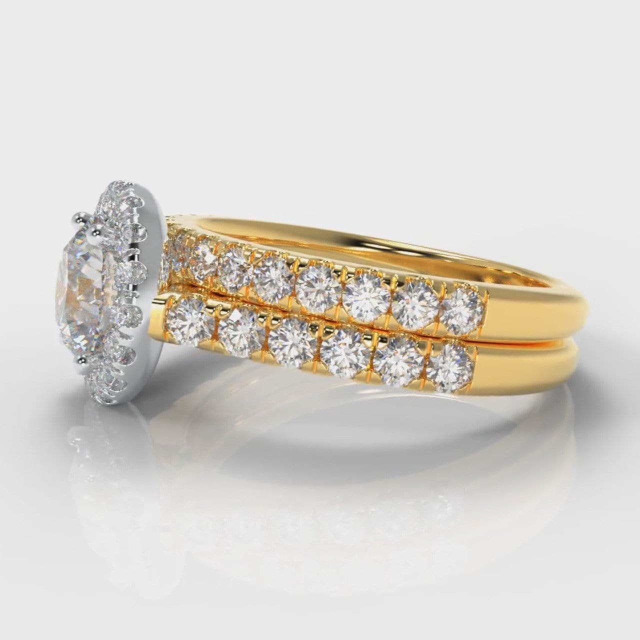 Micropavé Round Brilliant Cut Diamond Halo Bridal Set - Two Tone Yellow Gold