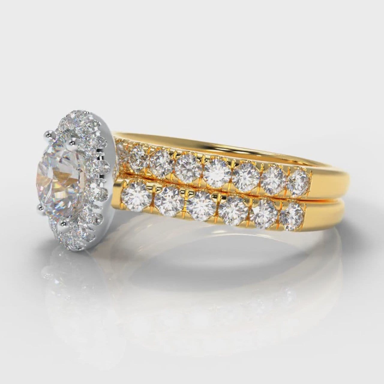 Micropavé Round Brilliant Cut Diamond Halo Bridal Set - Two Tone Yellow Gold