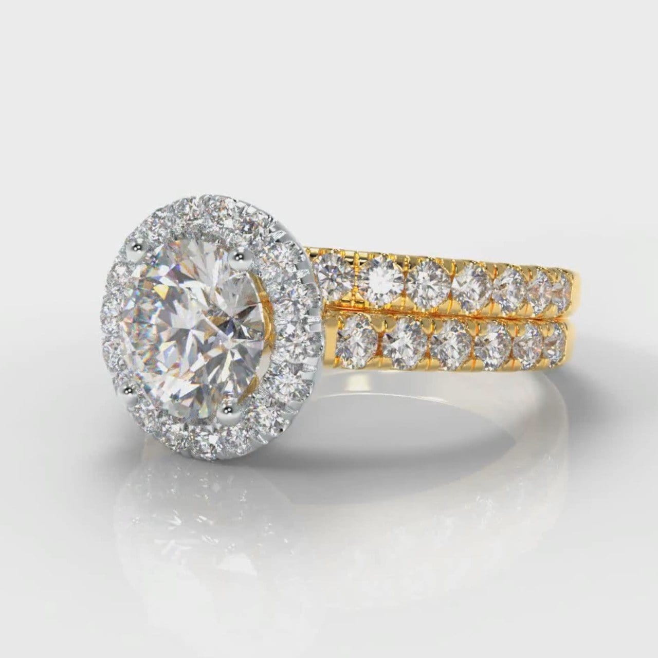 Micropavé Round Brilliant Cut Diamond Halo Bridal Set - Two Tone Yellow Gold