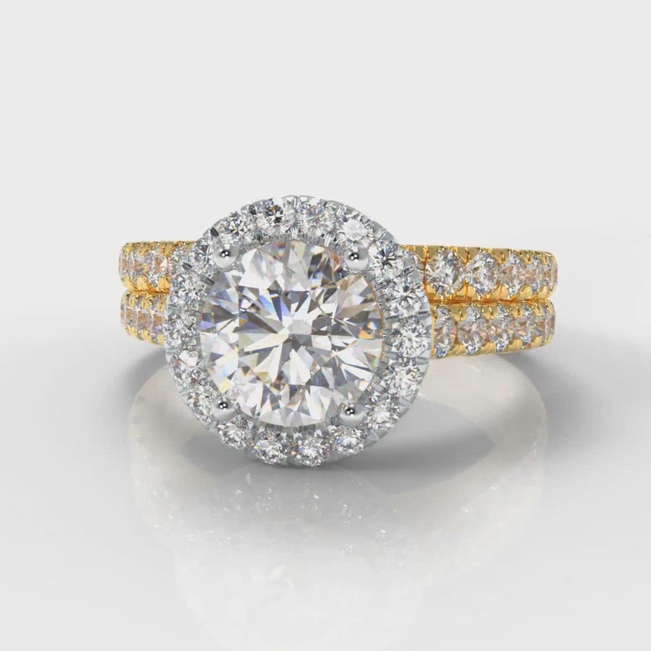 Micropavé Round Brilliant Cut Diamond Halo Bridal Set - Two Tone Yellow Gold