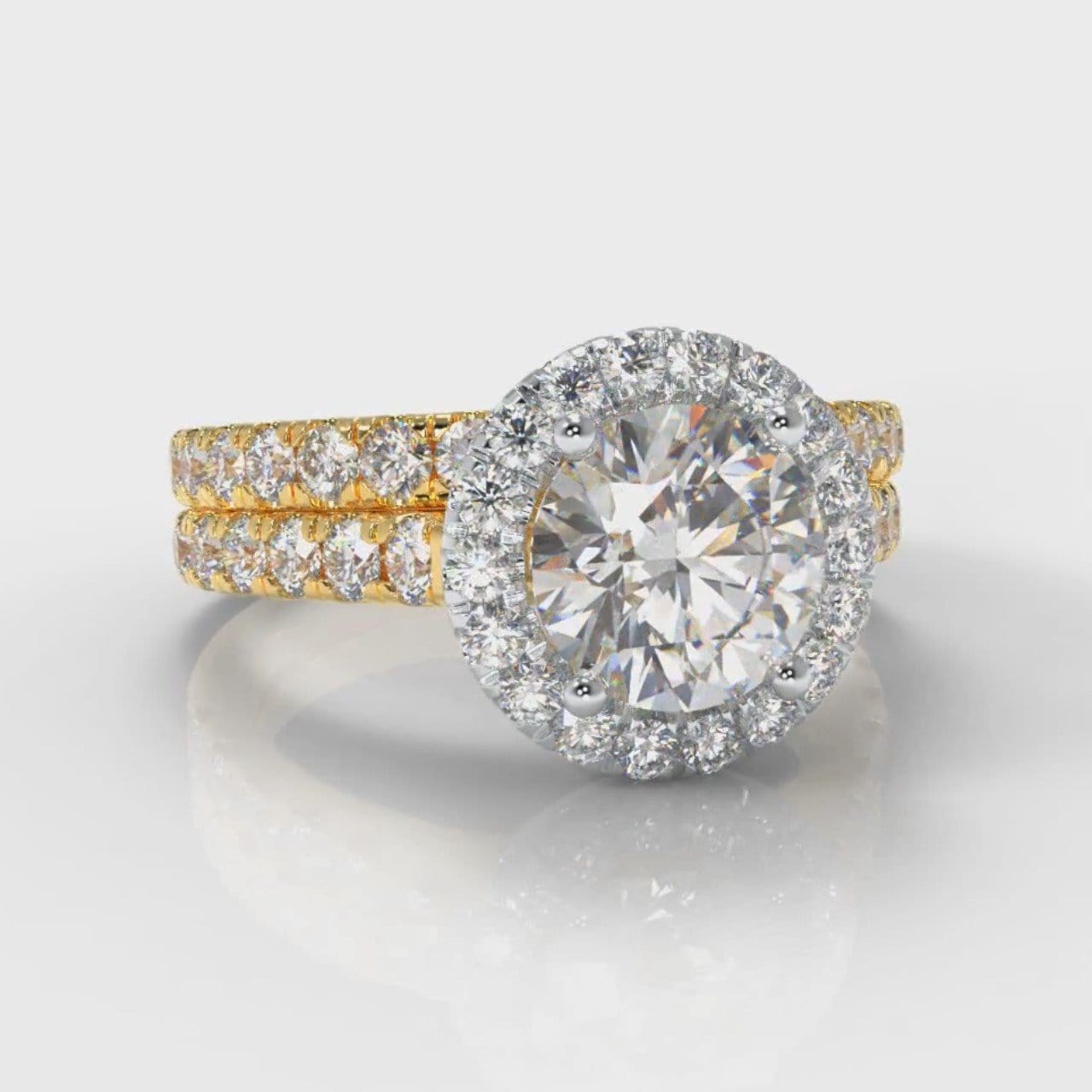 Micropavé Round Brilliant Cut Diamond Halo Bridal Set - Two Tone Yellow Gold