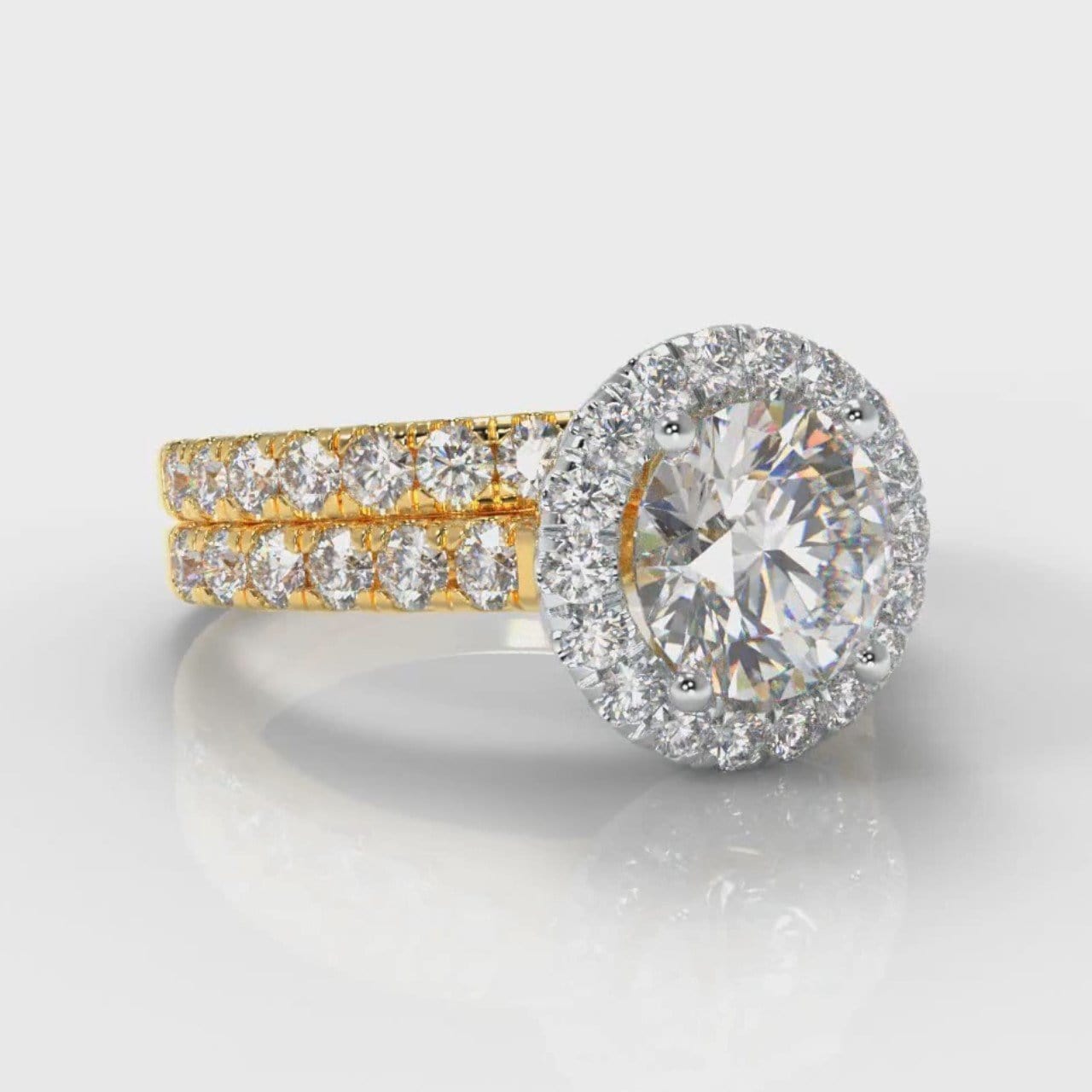 Micropavé Round Brilliant Cut Diamond Halo Bridal Set - Two Tone Yellow Gold