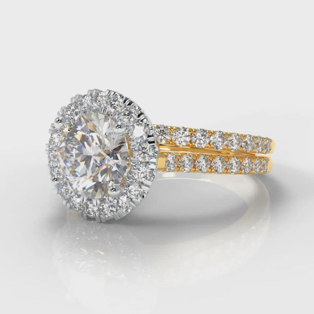 Petite Micropavé Round Brilliant Cut Diamond Halo Bridal Set - Two Tone Yellow Gold