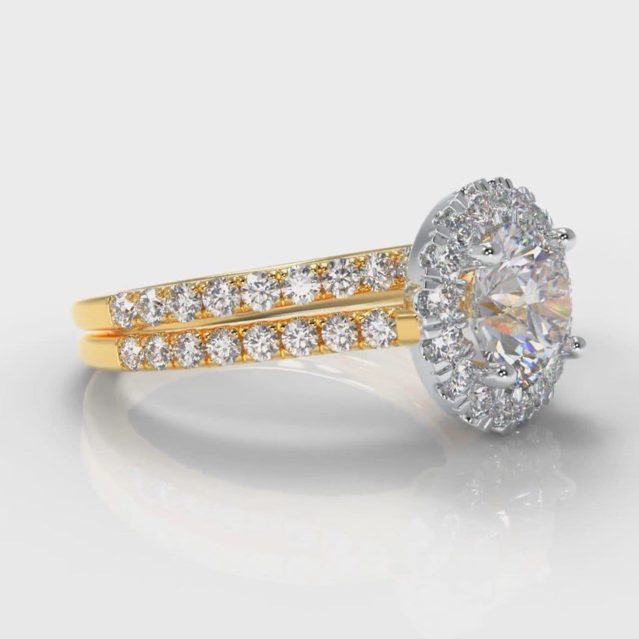Petite Micropavé Round Brilliant Cut Diamond Halo Bridal Set - Two Tone Yellow Gold