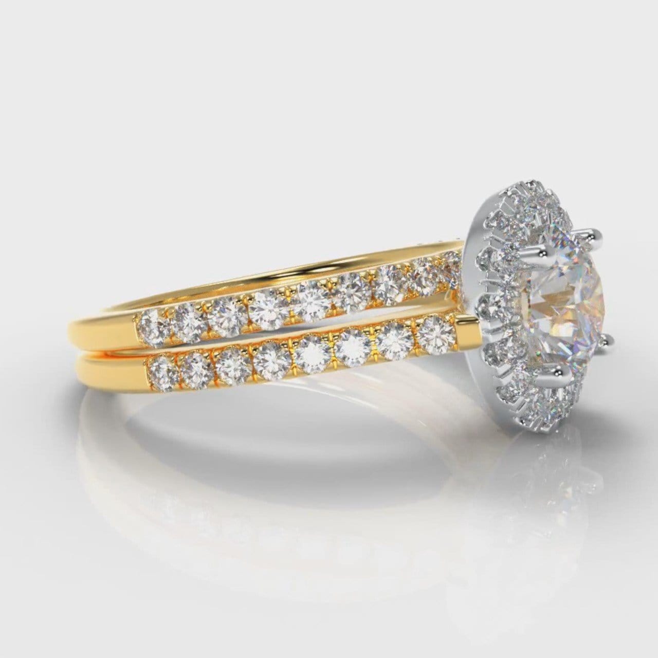 Petite Micropavé Round Brilliant Cut Diamond Halo Bridal Set - Two Tone Yellow Gold