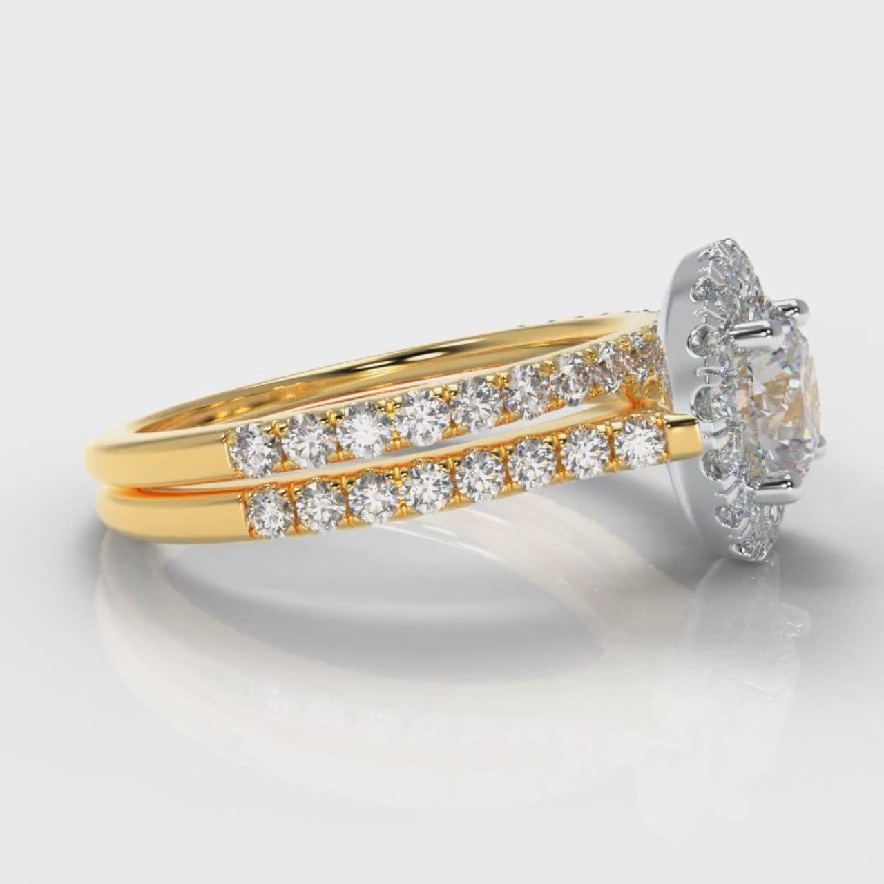 Petite Micropavé Round Brilliant Cut Diamond Halo Bridal Set - Two Tone Yellow Gold