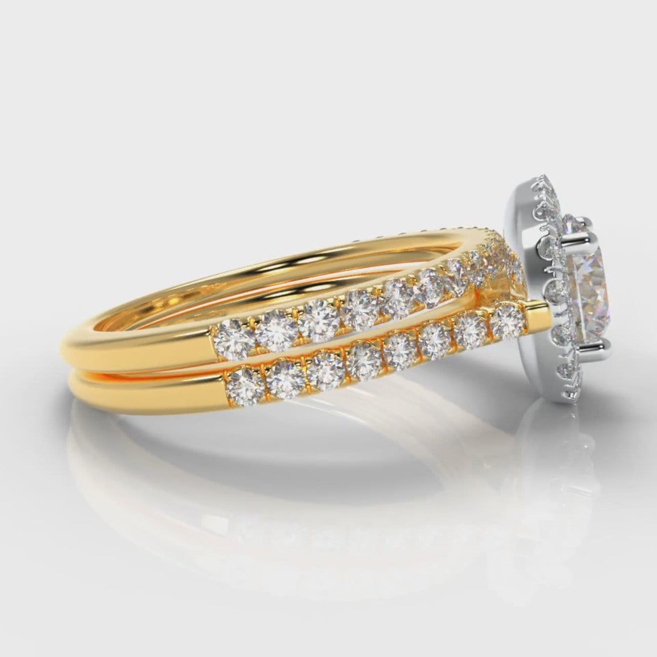 Petite Micropavé Round Brilliant Cut Diamond Halo Bridal Set - Two Tone Yellow Gold