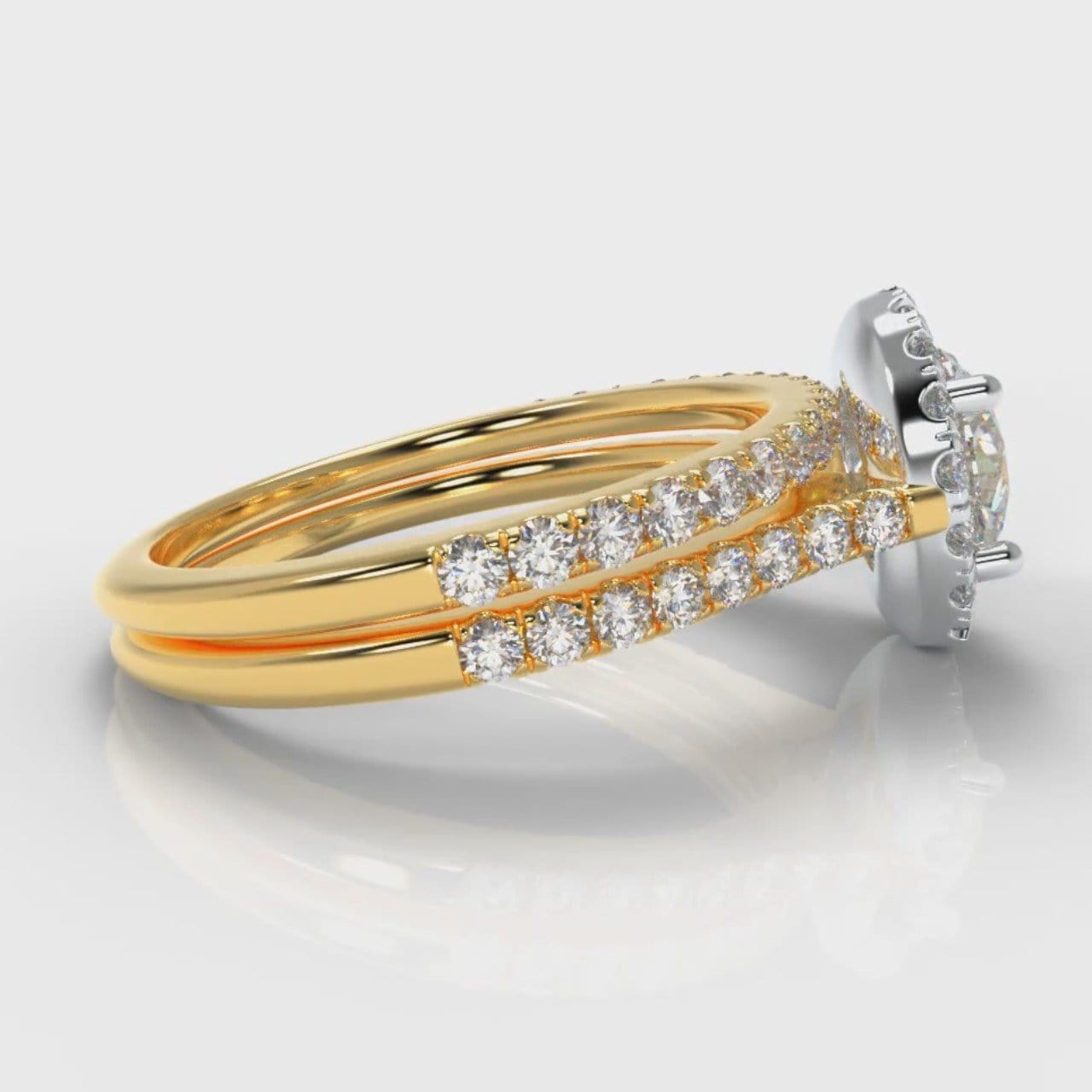 Petite Micropavé Round Brilliant Cut Diamond Halo Bridal Set - Two Tone Yellow Gold