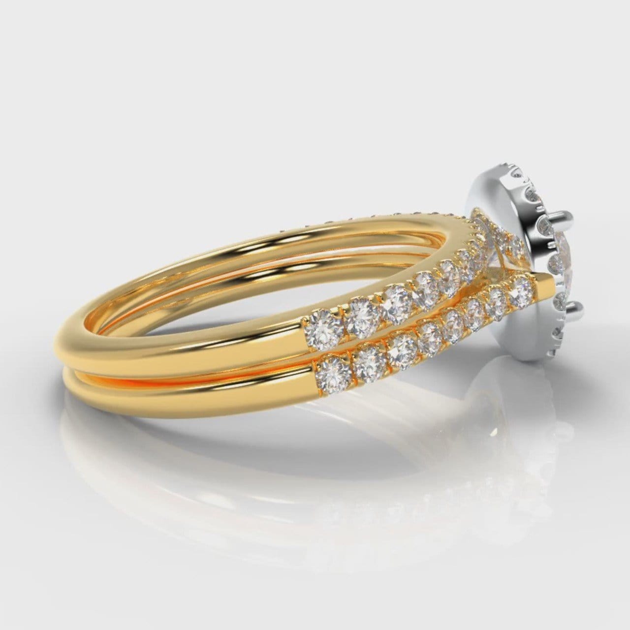 Petite Micropavé Round Brilliant Cut Diamond Halo Bridal Set - Two Tone Yellow Gold