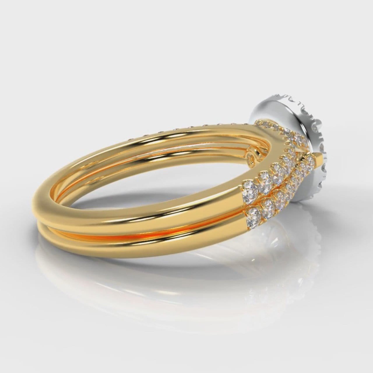 Petite Micropavé Round Brilliant Cut Diamond Halo Bridal Set - Two Tone Yellow Gold