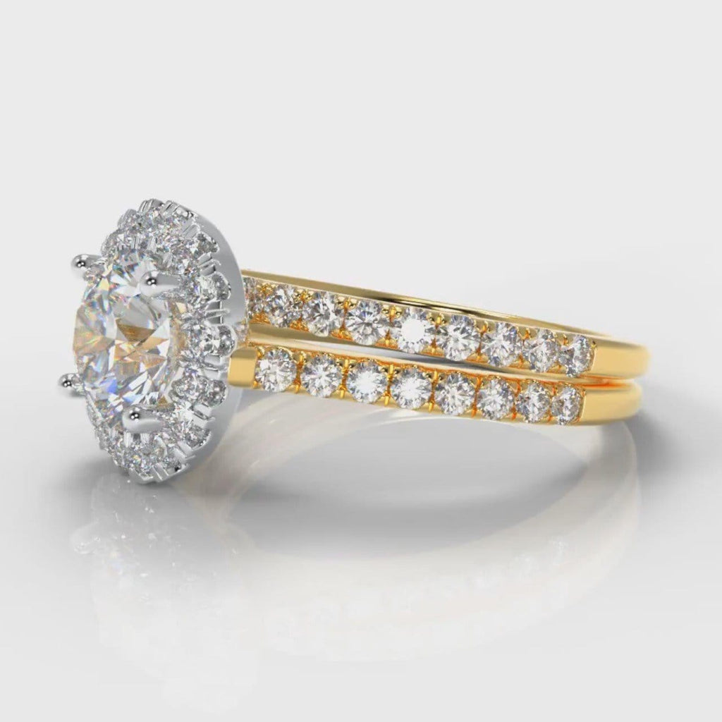 Petite Micropavé Round Brilliant Cut Diamond Halo Bridal Set - Two Tone Yellow Gold