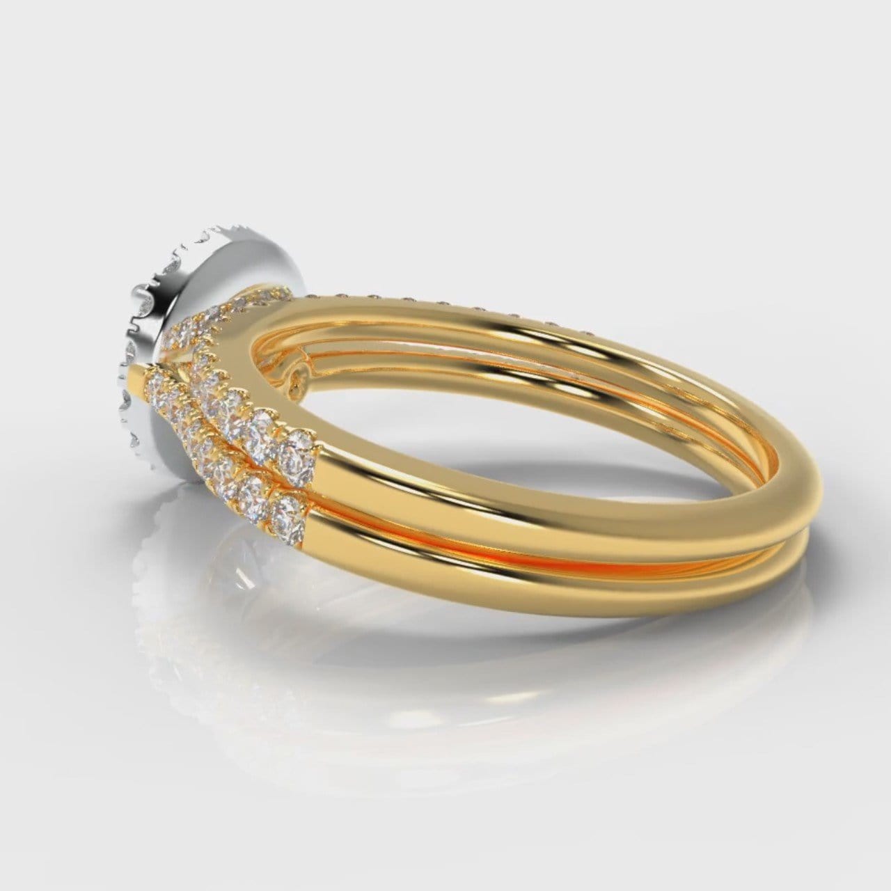 Petite Micropavé Round Brilliant Cut Diamond Halo Bridal Set - Two Tone Yellow Gold