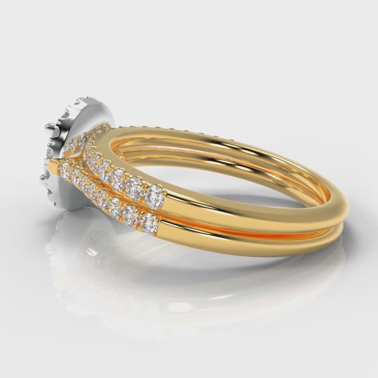 Petite Micropavé Round Brilliant Cut Diamond Halo Bridal Set - Two Tone Yellow Gold