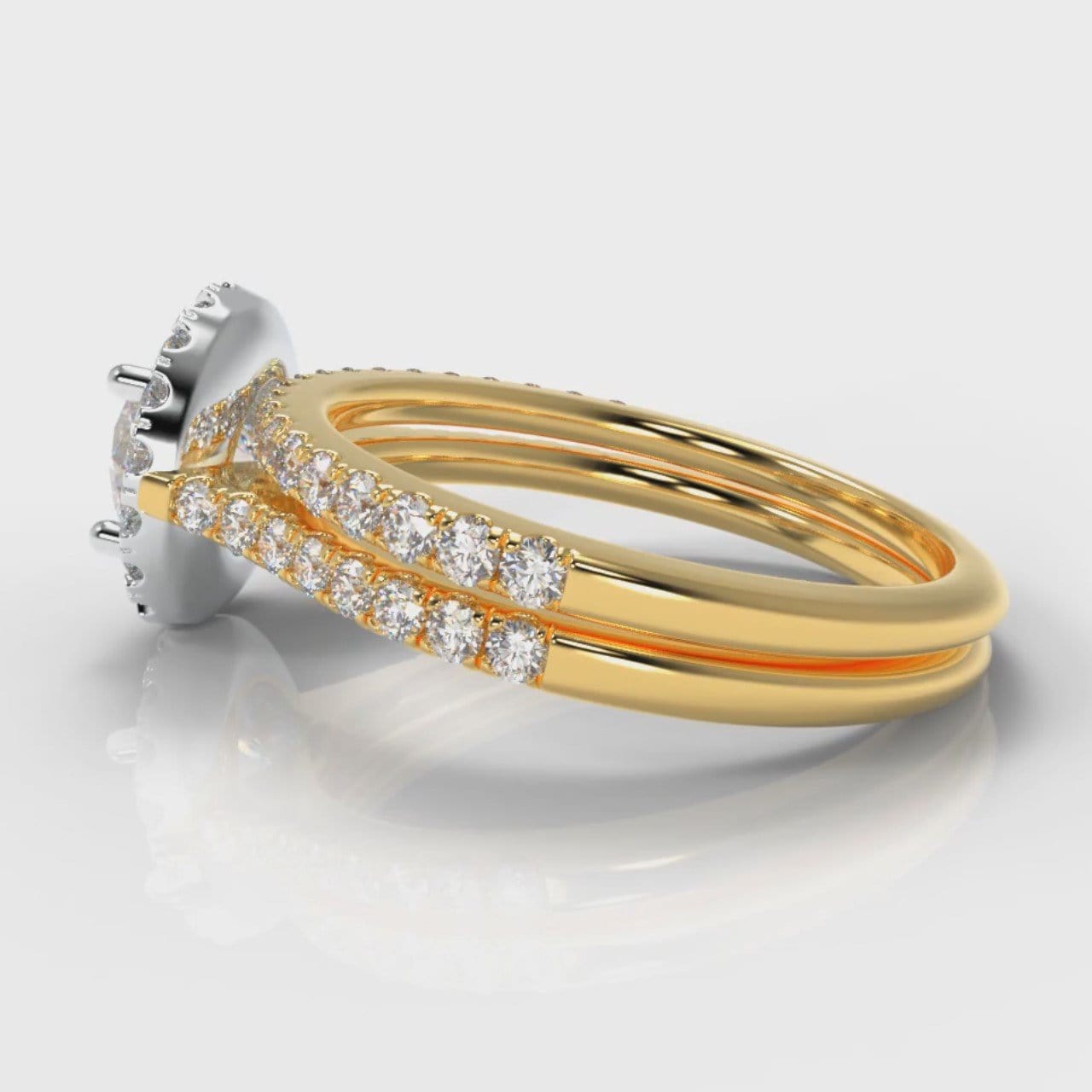 Petite Micropavé Round Brilliant Cut Diamond Halo Bridal Set - Two Tone Yellow Gold