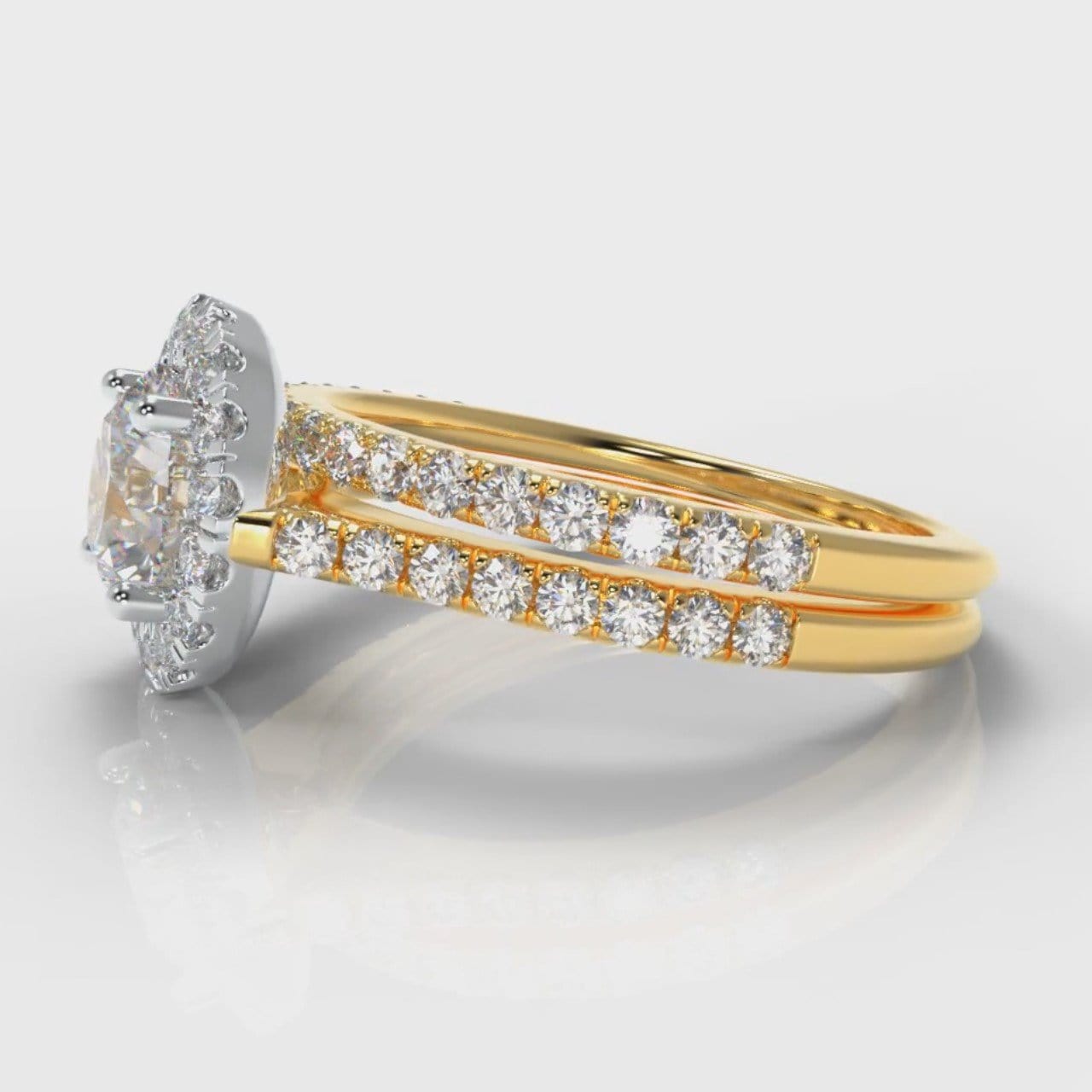 Petite Micropavé Round Brilliant Cut Diamond Halo Bridal Set - Two Tone Yellow Gold