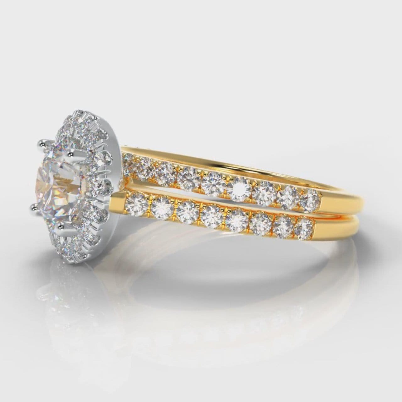 Petite Micropavé Round Brilliant Cut Diamond Halo Bridal Set - Two Tone Yellow Gold