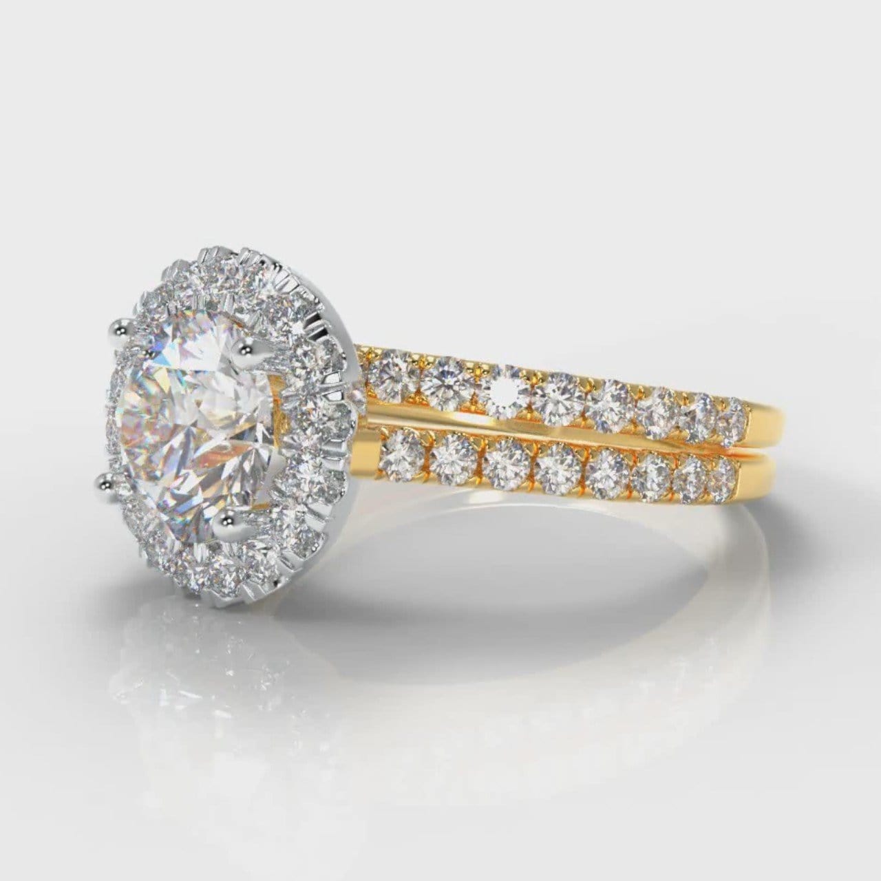 Petite Micropavé Round Brilliant Cut Diamond Halo Bridal Set - Two Tone Yellow Gold