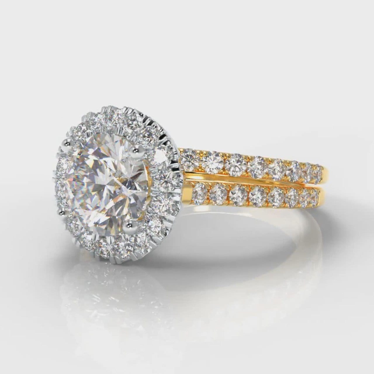 Petite Micropavé Round Brilliant Cut Diamond Halo Bridal Set - Two Tone Yellow Gold