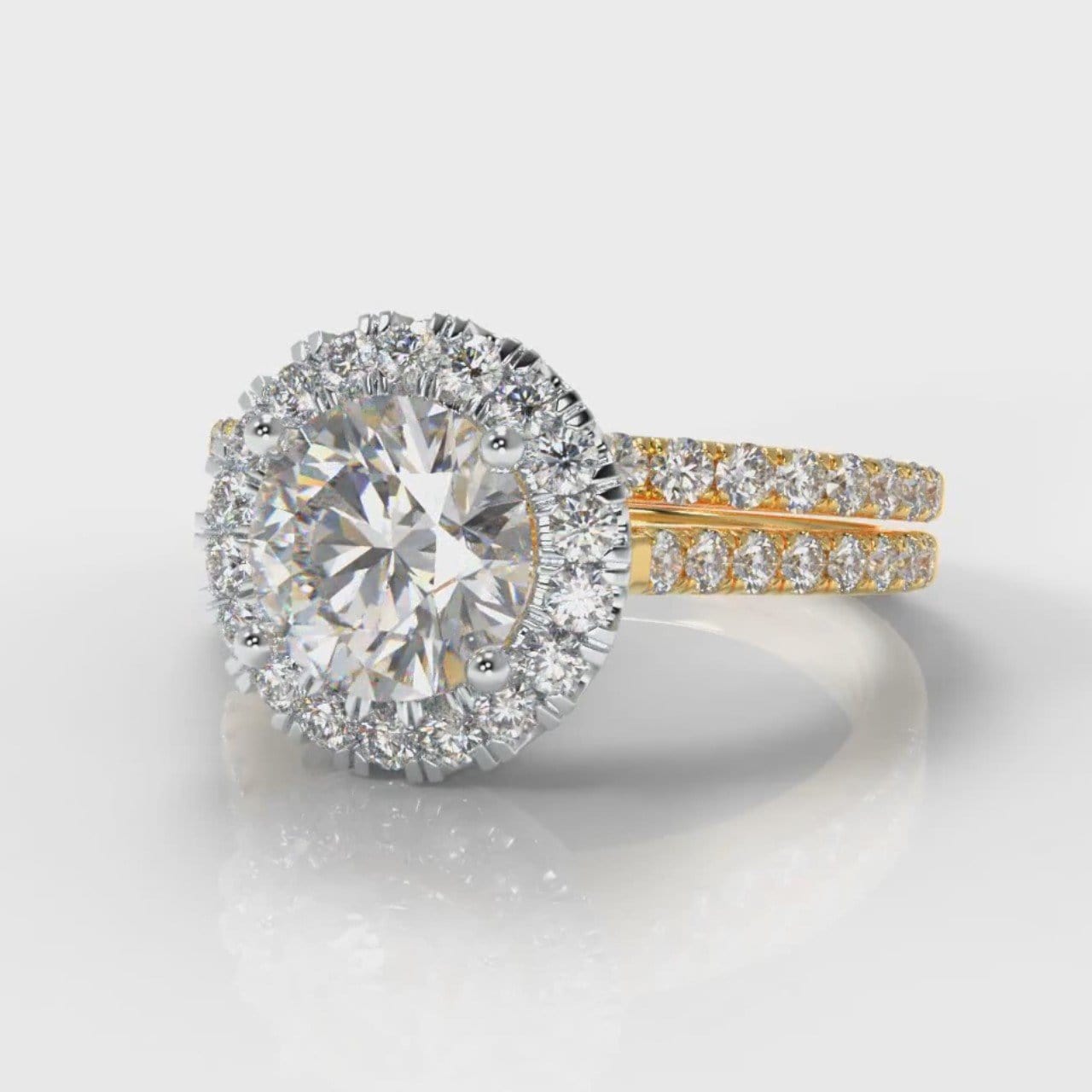Petite Micropavé Round Brilliant Cut Diamond Halo Bridal Set - Two Tone Yellow Gold