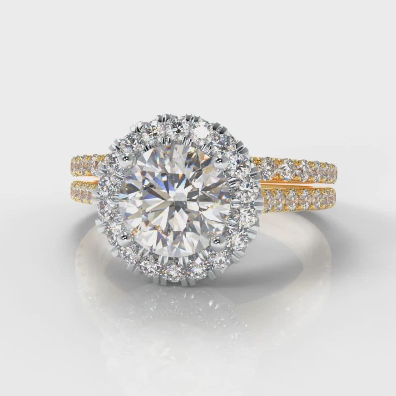 Petite Micropavé Round Brilliant Cut Diamond Halo Bridal Set - Two Tone Yellow Gold