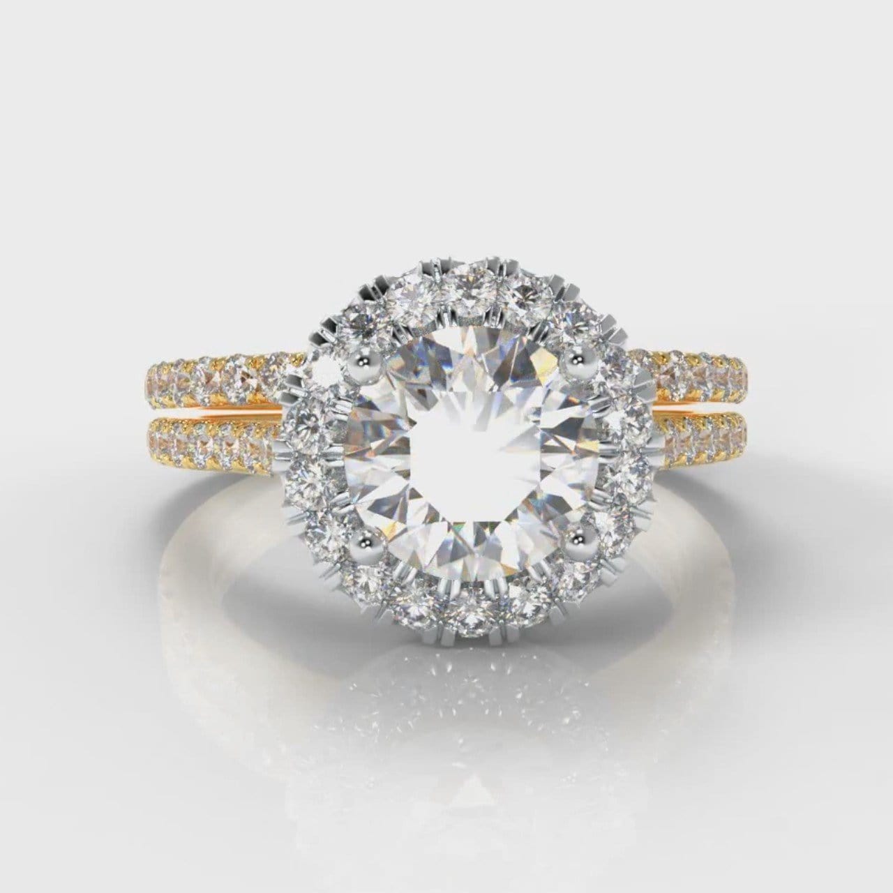 Petite Micropavé Round Brilliant Cut Diamond Halo Bridal Set - Two Tone Yellow Gold